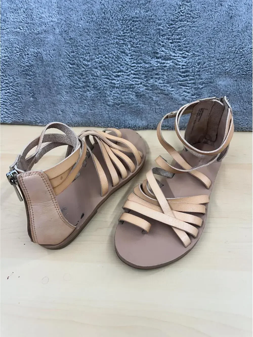 Nude Gladiator Sandals Beige Tan Flat Strappy Back Zipper Boho Casual